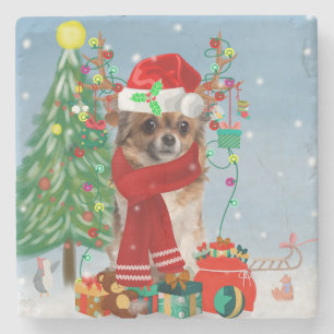Chihuahua Dog in sneeuw met kerstcadeaus Stenen Onderzetter