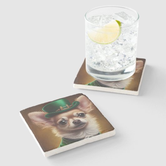 Chihuahua Dog in St. Patrick's Day Dress Stenen Onderzetter (Zijkant)