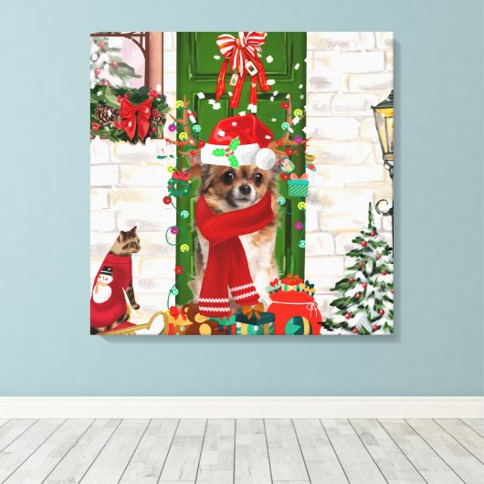 Chihuahua Dog Kerstmis Canvas Afdruk (Insitu (Houten vloer))