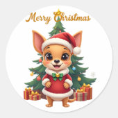 Chihuahua Dog Merry Christmas Ronde Sticker (Voorkant)