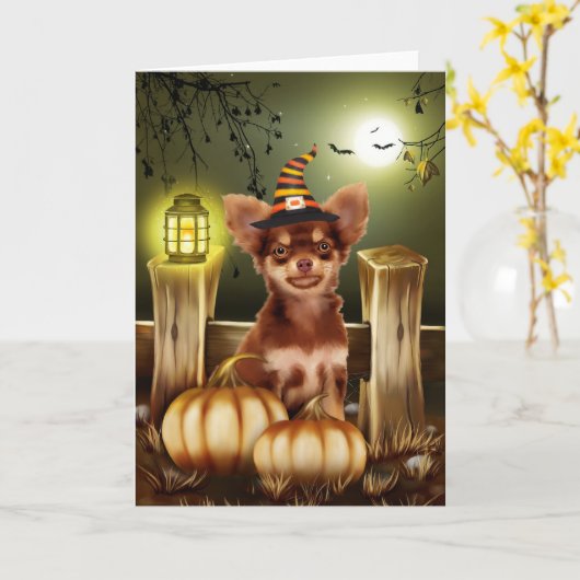 Chihuahua Dog met Witch Pet Halloween Gift Idea Kaart (Gele Bloem)