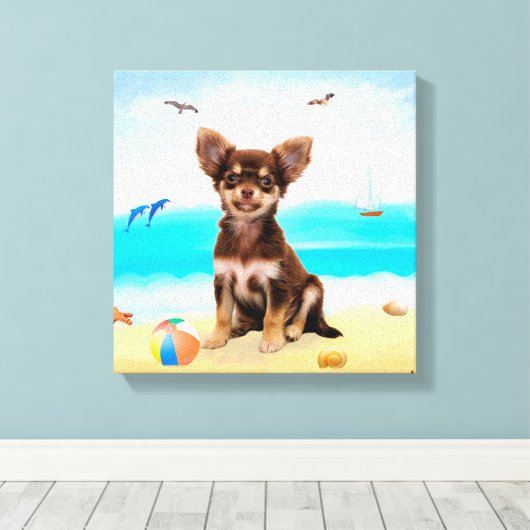 Chihuahua Dog op strand Canvas Afdruk (Insitu (Houten vloer))