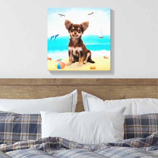Chihuahua Dog op strand Canvas Afdruk (Insitu (Slaapkamer))