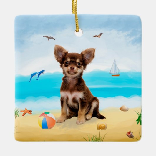 Chihuahua Dog op strand Keramisch Ornament (Voorkant)