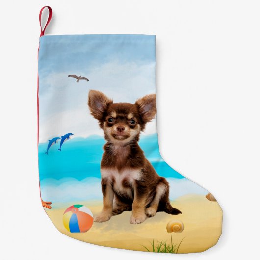 Chihuahua Dog op strand Kleine Kerstsok (Voorkant)