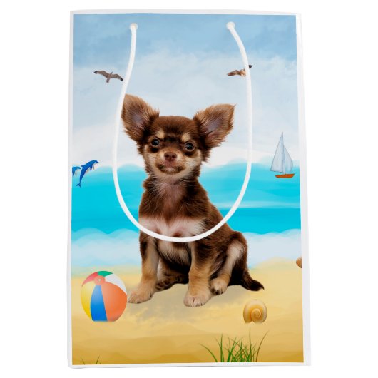 Chihuahua Dog op strand Medium Cadeauzakje (Voorkant)