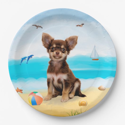Chihuahua Dog op strand Papieren Bordje (Voorkant)