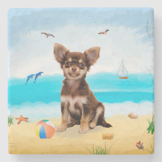 Chihuahua Dog op strand Stenen Onderzetter (Voorkant)