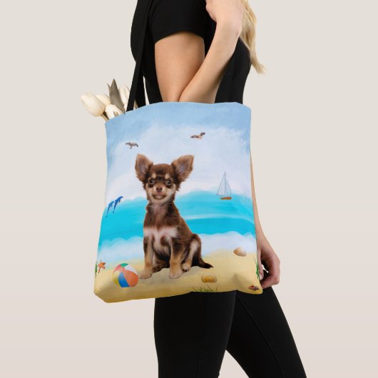 Chihuahua Dog op strand Tote Bag (Dichtbij)