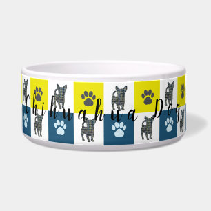 Chihuahua Dog & Paw Yellow & Blue Grid Voerbakje