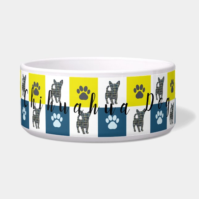 Chihuahua Dog & Paw Yellow & Blue Grid Voerbakje (Voorkant)