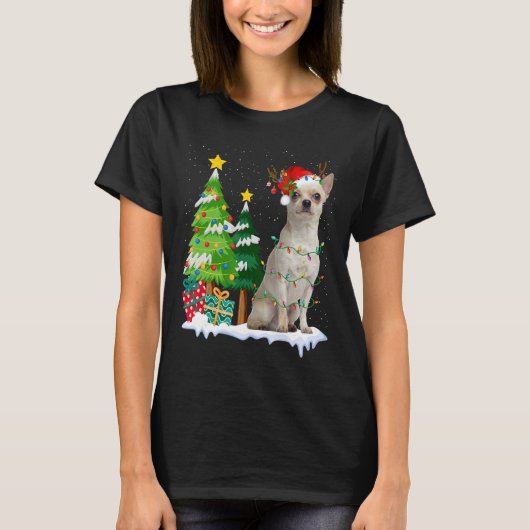 Chihuahua Dog Santa Hat Reindeer kerstlampjes T-shirt (Voorkant)