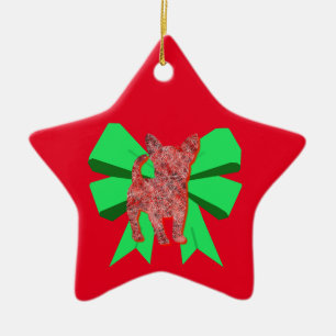 Chihuahua Dog Silhouette Red en Green Bow Kerstmis Keramisch Ornament