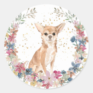Chihuahua Dog Spring Flowers Wreath Ronde Sticker