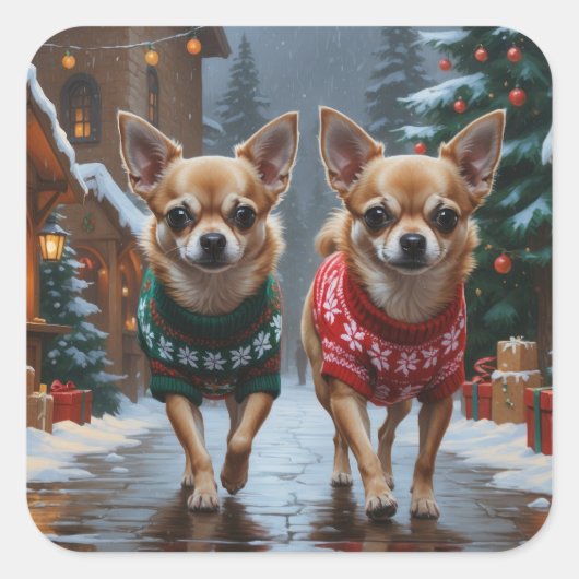 Chihuahua Dogs Christmas Snow Holiday Vierkante Sticker (Voorkant)