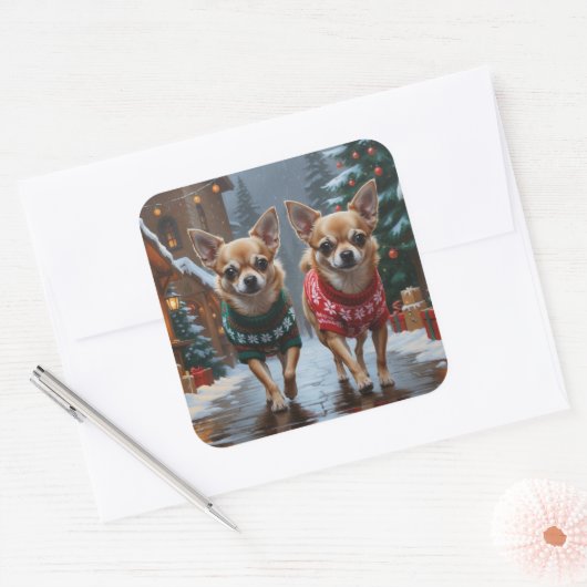 Chihuahua Dogs Christmas Snow Holiday Vierkante Sticker (Envelop)