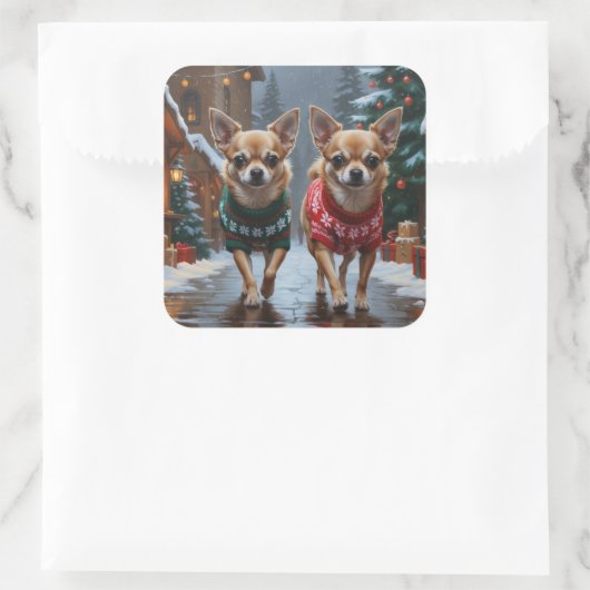 Chihuahua Dogs Christmas Snow Holiday Vierkante Sticker (Tas)