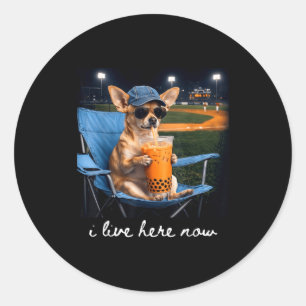 Chihuahua drinkt ijskoffie op het honkbalveld live ronde sticker