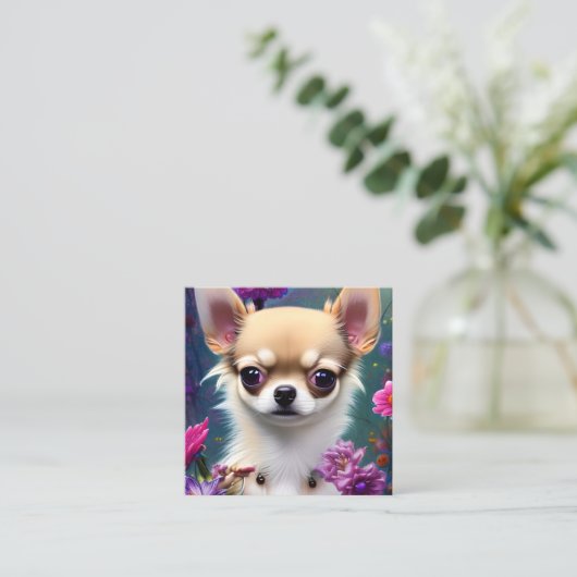 Chihuahua en bloemen vierkante visitekaartje (Staand voorkant)