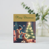 Chihuahua en jongen voor de kerstboom Kaart (Staand voorkant)