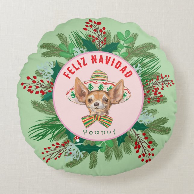Chihuahua Feliz Navidad Happy Holiday krans Rond Kussen (Voorkant)