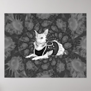 Chihuahua Floral  zwart-witte hondenkunst Poster