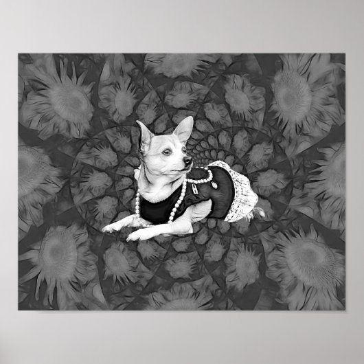 Chihuahua Floral  zwart-witte hondenkunst Poster (Voorkant)