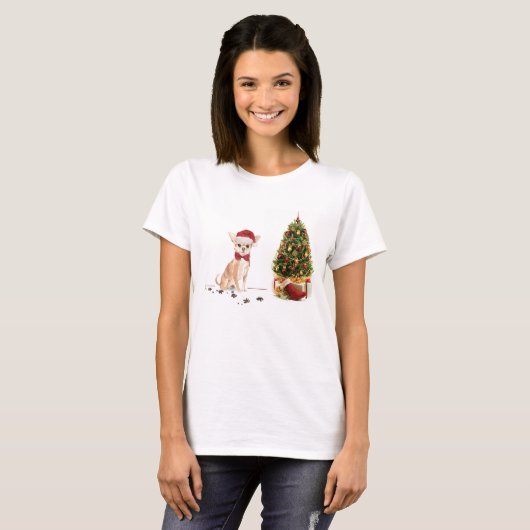 Chihuahua Funny kersthond met boom T-shirt (Voorkant volledig)