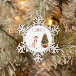 Chihuahua Funny kersthond met boom Tin Sneeuwvlok Ornament