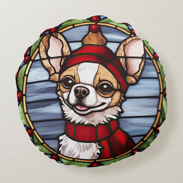 Chihuahua Gebrandschilderd Glas Kerstmis Rond Kussen (Achterkant)