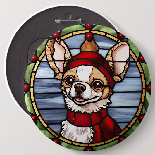 Chihuahua Glas in lood Kerst Ronde Button 6,0 Cm (Voorkant /achterkant)