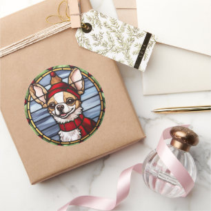 Chihuahua Glas in lood Kerst Ronde Sticker