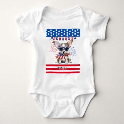 Chihuahua Happy 4th of July Amerika Patriottisch U Romper (Voorkant)