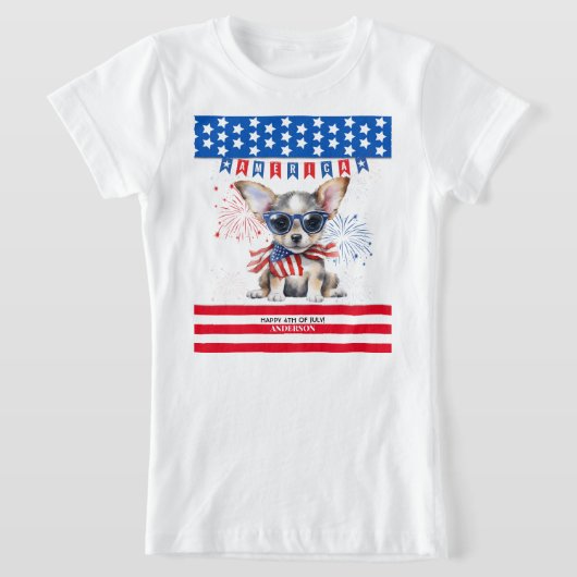 Chihuahua Happy 4th of July Amerika Patriottisch U T-shirt (Laagn)