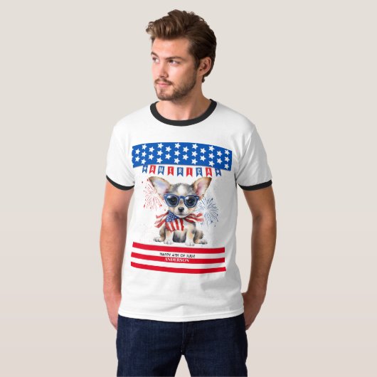 Chihuahua Happy 4th of July Amerika Patriottisch U T-shirt (Voorkant volledig)