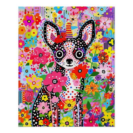 Chihuahua Hond en Bloemen 001 - Kleerjuweel Perfect Poster (Voorkant)