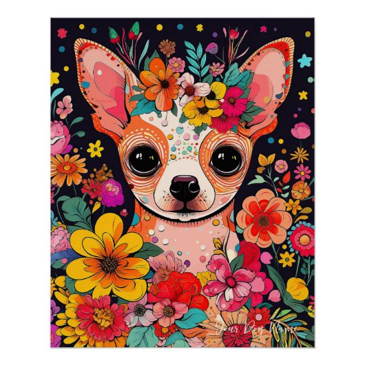 Chihuahua Hond en Bloemen 003 - Kleerjuweel Perfect Poster (Voorkant)