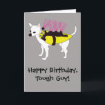Chihuahua Hond in een Coyote Jas Grappige Verjaard Kaart<br><div class="desc">Voeg je eigen aangepaste bericht toe aan deze verjaardagskaart of laat het zoals het is. Deze grappige kaart is voorzien van een schattige illustratie van een witte coyote hond gekleed in een coyote jas of vest in fel geel en roze tegen een grijze achtergrond. Het is de perfecte kaart voor...</div>