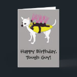 Chihuahua Hond in een Coyote Jas Grappige Verjaard Kaart<br><div class="desc">Voeg je eigen aangepaste bericht toe aan deze verjaardagskaart of laat het zoals het is. Deze grappige kaart is voorzien van een schattige illustratie van een witte coyote hond gekleed in een coyote jas of vest in fel geel en roze tegen een grijze achtergrond. Het is de perfecte kaart voor...</div>