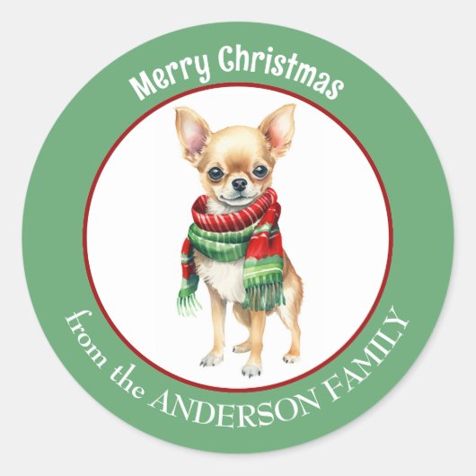Chihuahua Hond in Rode en Groene Kerstsjaal Ronde Sticker (Voorkant)