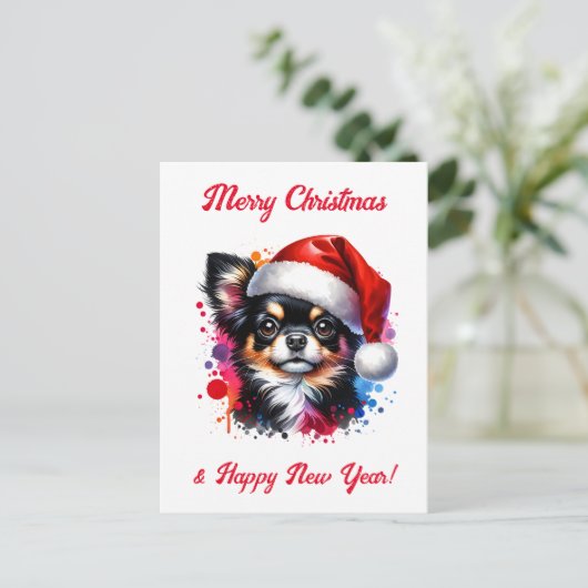 Chihuahua Hond in Santa Hat Kerstmis Briefkaart (Staand voorkant)