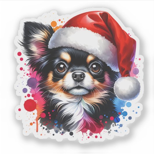 Chihuahua Hond in Santa Hat Kerstmis Sticker (Voorkant)