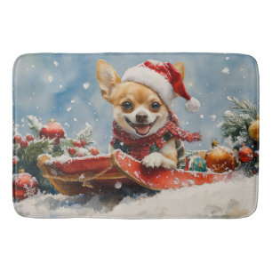 Chihuahua Hond in Sledge Laat het Sneeuw Kerstmis Badmat
