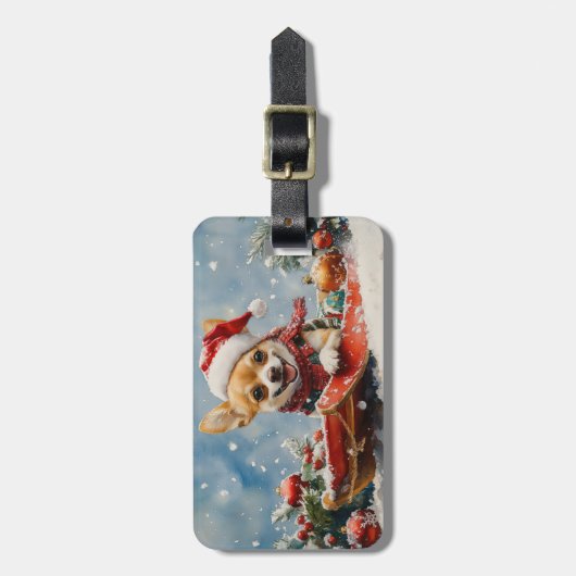 Chihuahua Hond in Sledge Laat het Sneeuw Kerstmis Bagagelabel (Voorkant verticaal)