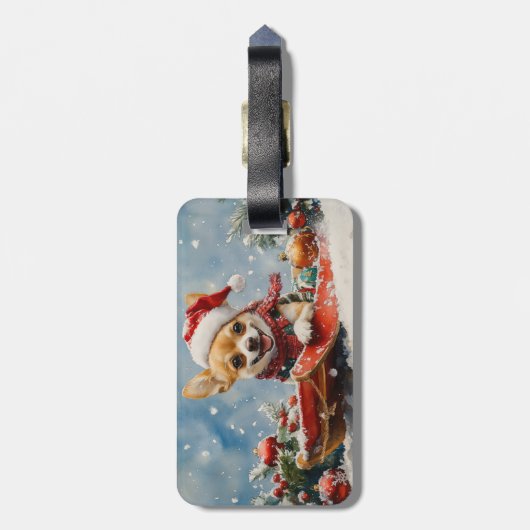 Chihuahua Hond in Sledge Laat het Sneeuw Kerstmis Bagagelabel (Achterkant verticaal)