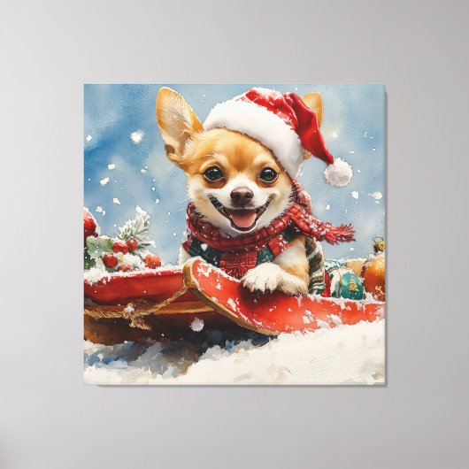 Chihuahua Hond in Sledge Laat het Sneeuw Kerstmis Canvas Afdruk (Voorkant)