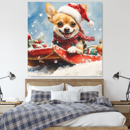 Chihuahua Hond in Sledge Laat het Sneeuw Kerstmis Canvas Afdruk (Insitu (Slaapkamer))