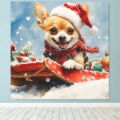 Chihuahua Hond in Sledge Laat het Sneeuw Kerstmis Canvas Afdruk (Insitu (Houten vloer))