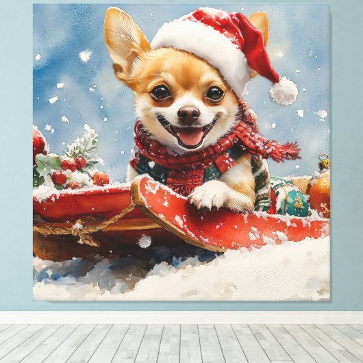 Chihuahua Hond in Sledge Laat het Sneeuw Kerstmis Canvas Afdruk (Insitu (Houten vloer))