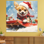 Chihuahua Hond in Sledge Laat het Sneeuw Kerstmis Canvas Afdruk (Insitu (Woonkamer))